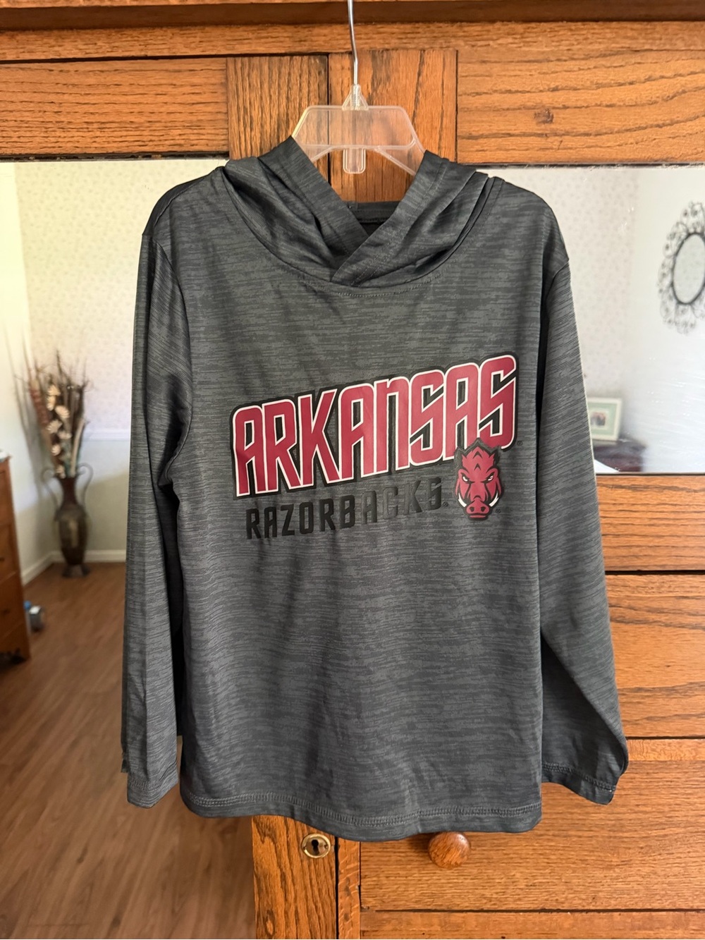Russell Athletic (6-7) Dark Gray Arkansas Hoodie with Maroon Letters